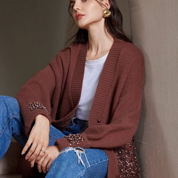Coffee Brown Sequin and Faix Pearl detailed Women's Oversized sweater Cardigan - Picture 8 of 8